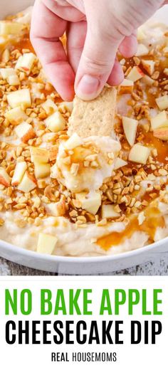 no bake apple cheesecake dip recipe in a white bowl with text overlay