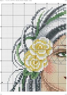 a cross stitch pattern with a woman's face and flowers on the side,