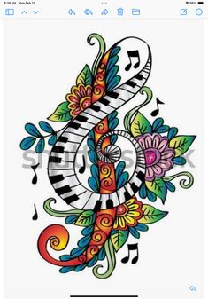 an artistic tattoo design with music notes and flowers on white paper, in the shape of a musical note