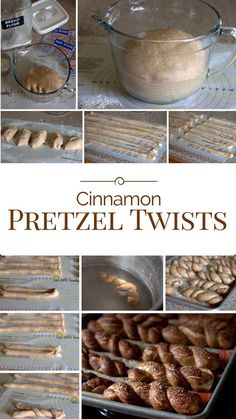 cinnamon pretzel twists on a baking sheet and in a glass bowl, before being baked