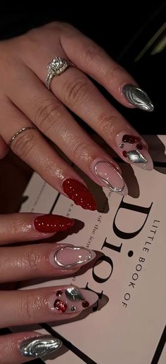 Festive Acrylic Nails, Red And Silver Nails, Red Chrome Nails, Oval Acrylic Nails, Chrome French, Black Almond Nails, Silver Nail Designs, Vegas Nails, Red Chrome