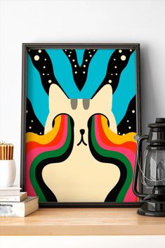 Brighten up your home with this bold and colorful groovy cat print. Looks great on its own or matched with my other psychedelic cat in this series. This trippy cat print is sure to make a statement as a unique gift for loved ones or a treat for yourself. Trippy Love Painting, Pop Art Cat Paintings, Painting Ideas On Canvas Retro, Trippy Cat Painting, Trippy Cat Art, Retro Wall Painting Ideas, Cute Cat Painting Easy, Groovy Paintings Ideas, Cool Art Paintings Trippy