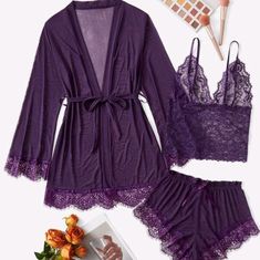 Brand New 3 Piece Set Lace Mesh Pet Free, Smoke Free Home Dark Purple Clothes, Purple Pjs, Fanfic Outfits, Fox Outfit, Fancy Robes, Purple Pajamas, Black Nightgown, Purple Lingerie, Cute Pajama Sets