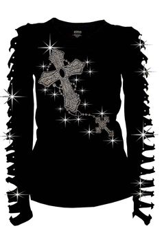 "Bling Bling  Rhinestones T-Shirt Two Cross  with Ripped Slit Cut Out  Long Sleeve 95% Cotton 5% Spandex Choose Size   S,M,L, XL 1XL, 2XL, 3XL ,4XL Great Deal !!  Color ; Black  95% Cotton 5% Spandex Bust (Laying flat,Armpit to Armpit): (Small)  16 \" (Medium)  17 \" (Large)  18 \" ( XL)   19 \" (1XL)  20 \" (2XL)  23 \" (3XL)  25 \" (4XL)  26 \"" Bling Rhinestones, Slay Outfits, Rhinestone Shirts, Cross Shirts, Scene Outfits, Alt Outfits, Long Tee, New Rock, Swaggy Outfits