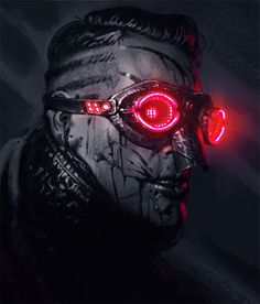 a man with glowing red eyes wearing goggles