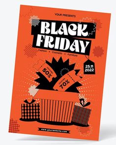 an orange black friday flyer with presents on the front and back, in half - fold