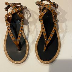 These Are Brand New, Never Used Isabel Marant Sandals. These Beautiful Studded Sandals Are A Size Eu 39 And May Run Small. Comes With Original Box, Cotton Shoe Bag, And Stickers On Bottom Of Shoe. These Studded Sandals Are Perfect For The Summer And Goes With Any Outfit! Designer Flat Sandals With Studded Rubber Outsoles, Designer Flat Sandals With Studded Outsoles, Brown Flat Sandals For Evening, Isabel Marant Sandals, Marant Shoes, Isabel Marant Shoes, Bottom Of Shoe, Studded Sandals, Isabel Marant