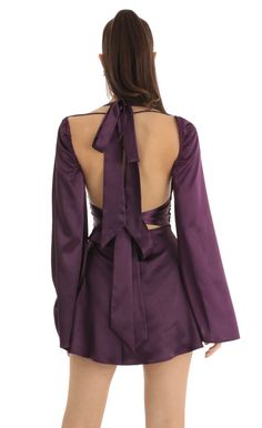 Wedding Backyard Reception, Lucy In The Sky, Satin Long Sleeve, Tie Length, Plunge Dress, Purple Design, Winter Formal, Loungewear Jumpsuit, Halter Strap