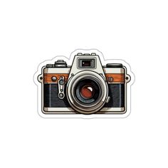 an old fashioned camera sticker on a white background, with the lens facing upward