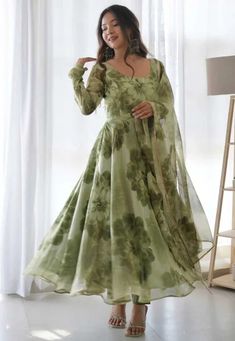 Digital Printed Organza Silk Abaya Style Suit in Olive Green Floral Anarkali, Design Kurta, Anarkali Kurta, Printed Gowns, Anarkali Gown, Floral Gown, Gowns For Girls