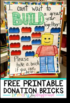 a bulletin board with legos on it and the words back to school donation bricks