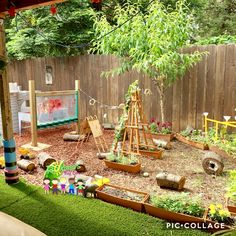 an outdoor play area with toys and trees