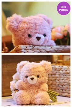 two pictures of a pink teddy bear sitting in a basket