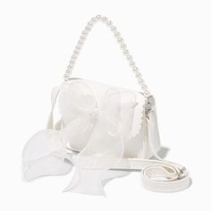 Claire's Club Special Occasion White Chiffon Bow Crossbody Bag Hoco Purses, Chic Party Bag With Ribbon Detail, Chic Party Bag With Ribbon, Summer Wedding Shoulder Bag With Pearl Handle, Elegant Formal Shoulder Bag With Bow, Elegant Party Bag With Satin Bow, White Pearl Evening Bag For Party, Elegant Party Bags With Satin Bow, White Evening Bag With Pearl Handle For Party