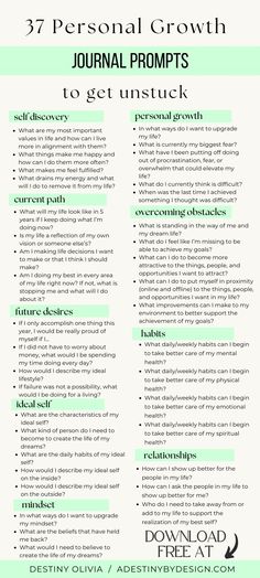 a green and white resume with the words,'37 personal growth journal'on it