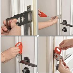 four pictures showing how to open a door with scissors