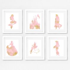 four pink and gold princess silhouettes on white paper with watercolor splashing in the background