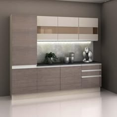 a modern kitchen with white and brown cabinets