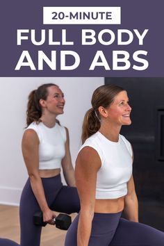 two women in white top and purple pants doing exercises with dumbbells