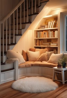 a living room filled with furniture and bookshelves next to a stair case full of books