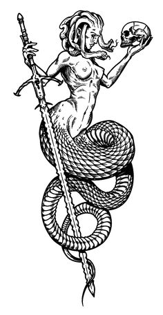 a black and white drawing of a woman holding a spear in her hand, surrounded by snakes