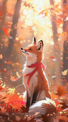 a red fox sitting in the middle of an autumn forest