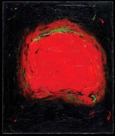 an abstract painting with red and green colors in the center, on black paper background