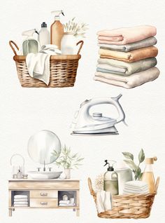 watercolor painting of bathroom items in baskets