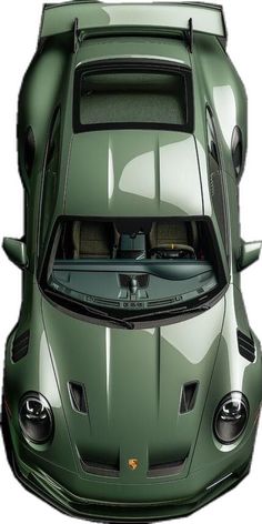 the rear view of a green sports car with its hood open and lights on, viewed from above