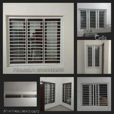 four different views of the inside of a room with windows and grills on it