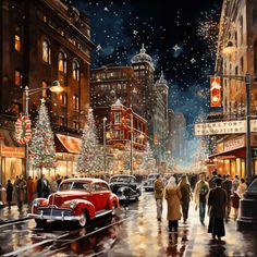 a painting of people walking down a city street at night with christmas decorations on the trees