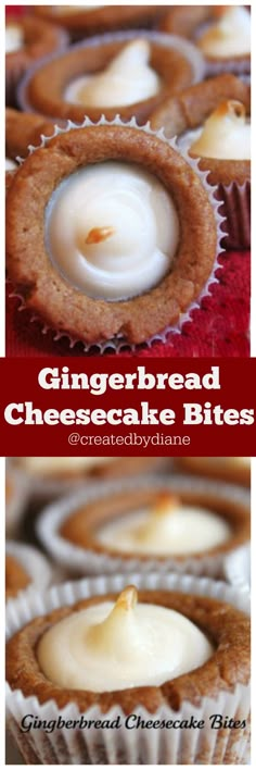 some cupcakes with white frosting in them and the words gingerbread cheesecake bites