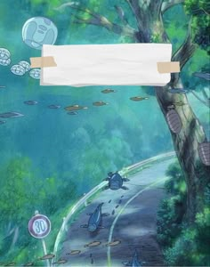 an image of a cartoon scene with paper taped to the tree and fish swimming in the water