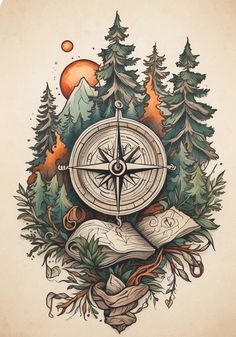 a drawing of a compass and some trees