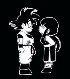 two cartoon characters standing next to each other in front of a black background with white outlines