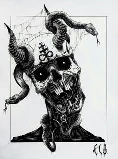 a black and white drawing of a skull with snakes on its head