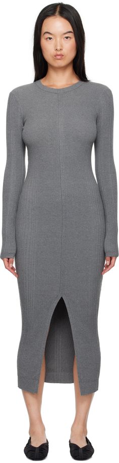 Slim-fit rib knit viscose-blend dress. · Round neck · Slit at front hem Supplier color: Granite grey Formal Cocktail Party, Birger Christensen, Slim Fit Dresses, Fit Dress, Knit Midi, Knit Midi Dress, Cocktail Party, Dress Making, Rib Knit