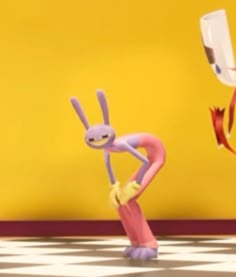 two animated characters standing in front of a yellow wall