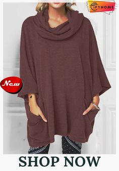 Solid Cowl Neck Long Sleeve Blouse Plain Brown Tops For Fall, Fall Loose Fit Plain Blouse, Oversized Plain Blouse For Fall, Casual Cowl Neck Top, Brown Solid Color Blouse For Fall, Solid Color Batwing Sleeve Tops For Fall, Oversized Solid Blouse For Fall, Fall Cowl Neck Top, Fall Solid Color Batwing Sleeve Tops