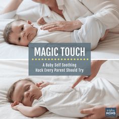 a woman holding a baby in her arms and pointing at it with the caption magic touch