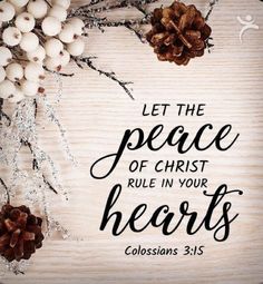 a wooden background with pine cones, berries and the words let the peace of christ rule in your hearts