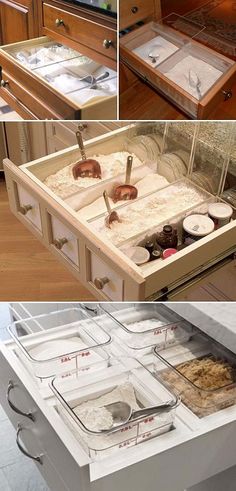 the drawers are filled with different types of food and dishes to cook in or out