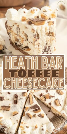 a close up of a piece of cake with the words health bar toffe cheesecake on it