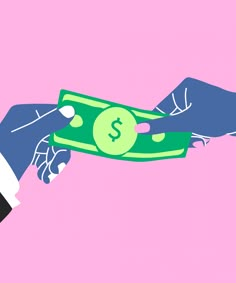 a hand holding a green dollar bill in it's left arm and another hand reaching for the money