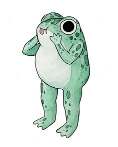 a green frog with big eyes holding his hands up in the air while standing on its hind legs