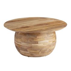 a wooden table with a circular top on the bottom is made out of wood planks