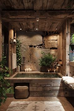 a bathroom with a large jacuzzi tub surrounded by wood planks and plants