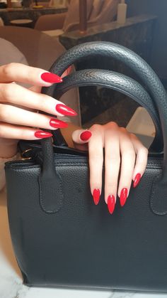 Red Pointy Nails, Coffin Red Nails, Red Nails Inspiration, The Red Nail Theory, Red Nail Theory, Nail Theory, Red Summer Nails, Almond Acrylic Nails Designs