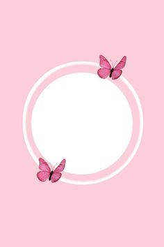 two pink butterflies flying in front of a white circle on a pink background with space for text