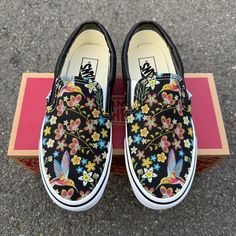 Custom Black Vans Slip On Sneakers with a pattern inspired by embroidery. PLEASE NOTE, THESE SHOES ARE CUSTOM PRINTED, NOT EMBROIDERED.  We source each pair of blank shoes brand new directly from Vans.  The ink is permanent and will never come off. Made in the USA. This price includes everything: shoes, artwork, and shipping.  Sizes listed are in US sizing scale. If you have any issues with your order, please feel free to reach out to us and we will be more than glad to help you! Note: Blvd Cust Vans Shoes For Men, Hummingbird Embroidery, Shoes Artwork, Navy Vans, Vans Authentic Shoes, Custom Vans Shoes, Vans Slip On Shoes, Vans Skate Shoes, Mens Vans Shoes